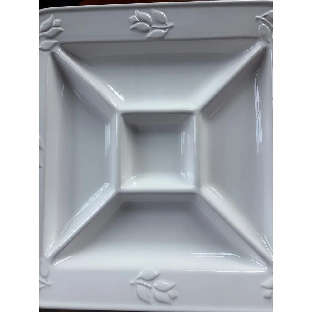 Vintage Portuguese White Ceramic Divided Serving Platter Embossed Leaf Tulip